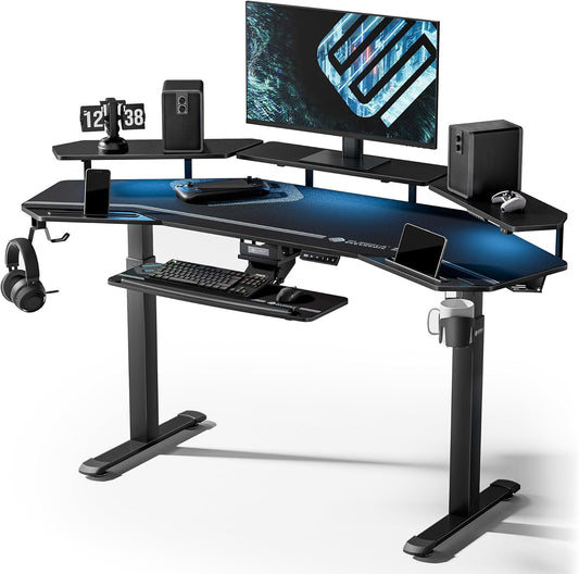 Gaming Desk, Standing Desk W Keyboard Tray, 72" Wing Shaped Music Studio Table with LED Shelves, Gaming Recording Live Stream, Slot Design